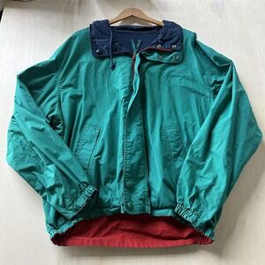 Hooded Windbreaker Jacket Mens XL Green Nylon Navy Hood Red Lining Full Zip